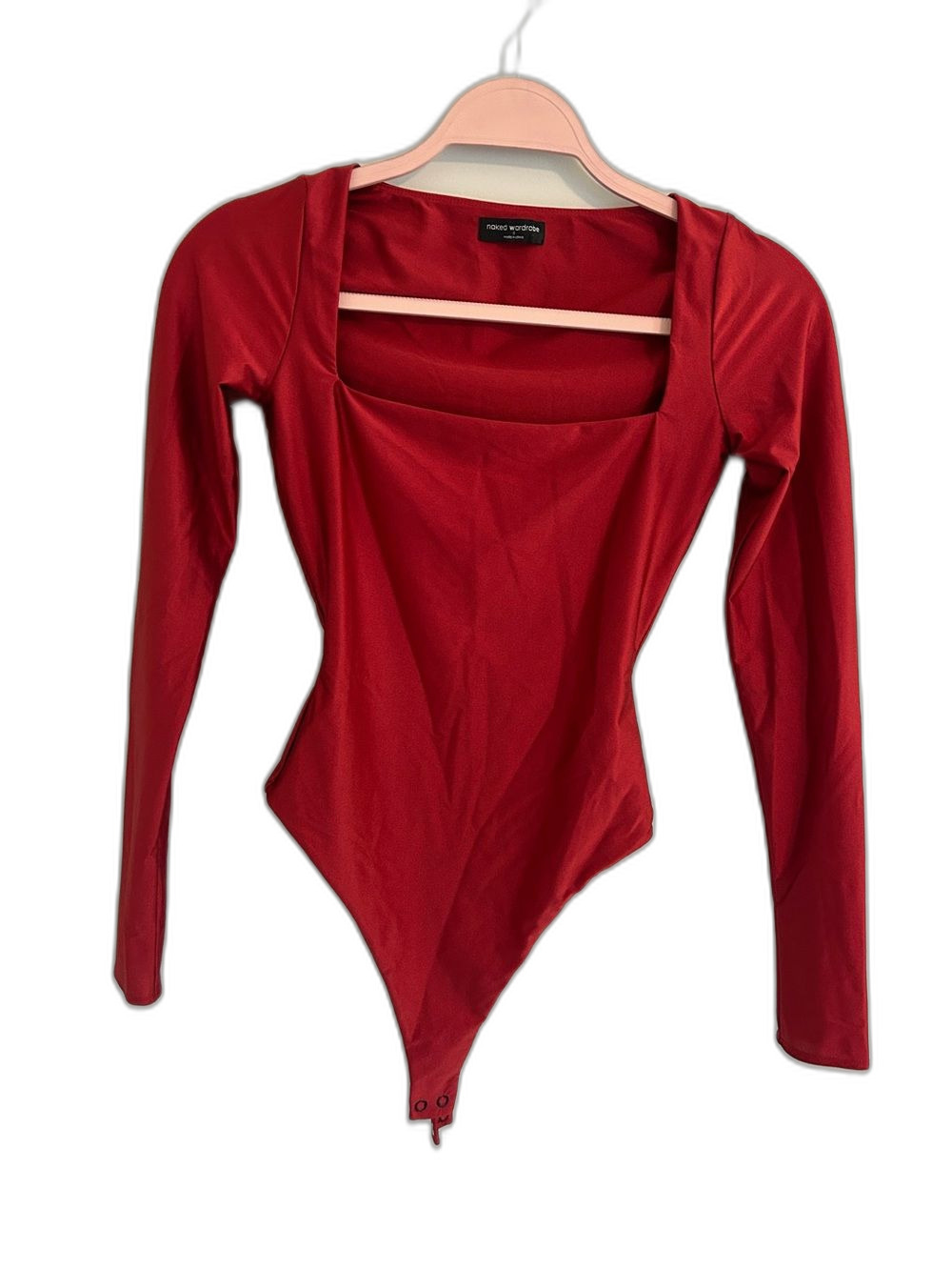 Naked Wardrobe Red Square Neck Long Sleeve Bodycon Bodysuit NWOT
